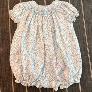 Luli & Me smocked blue & white floral bubble 24M